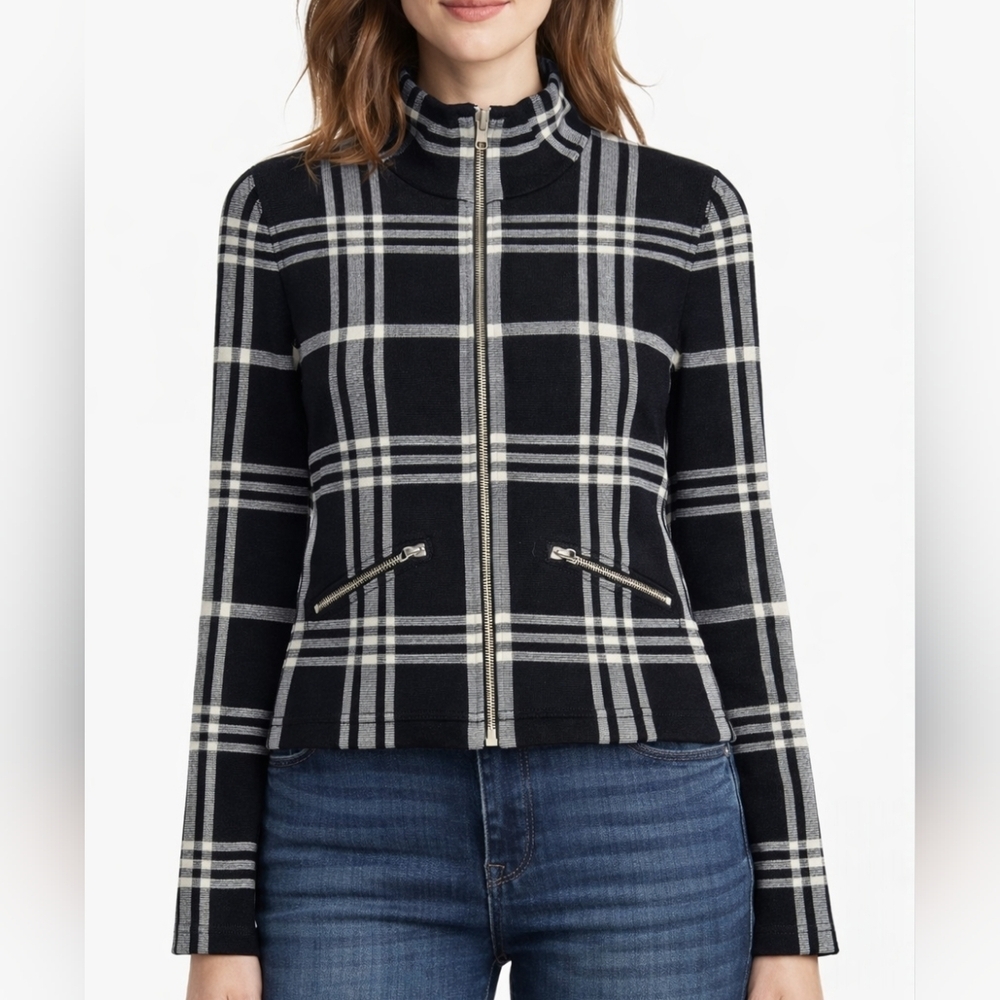 LRL Ralph Lauren~Plaid~Black White Checker~Mock Neck~Women's Zipup Jacket~MEDIUM